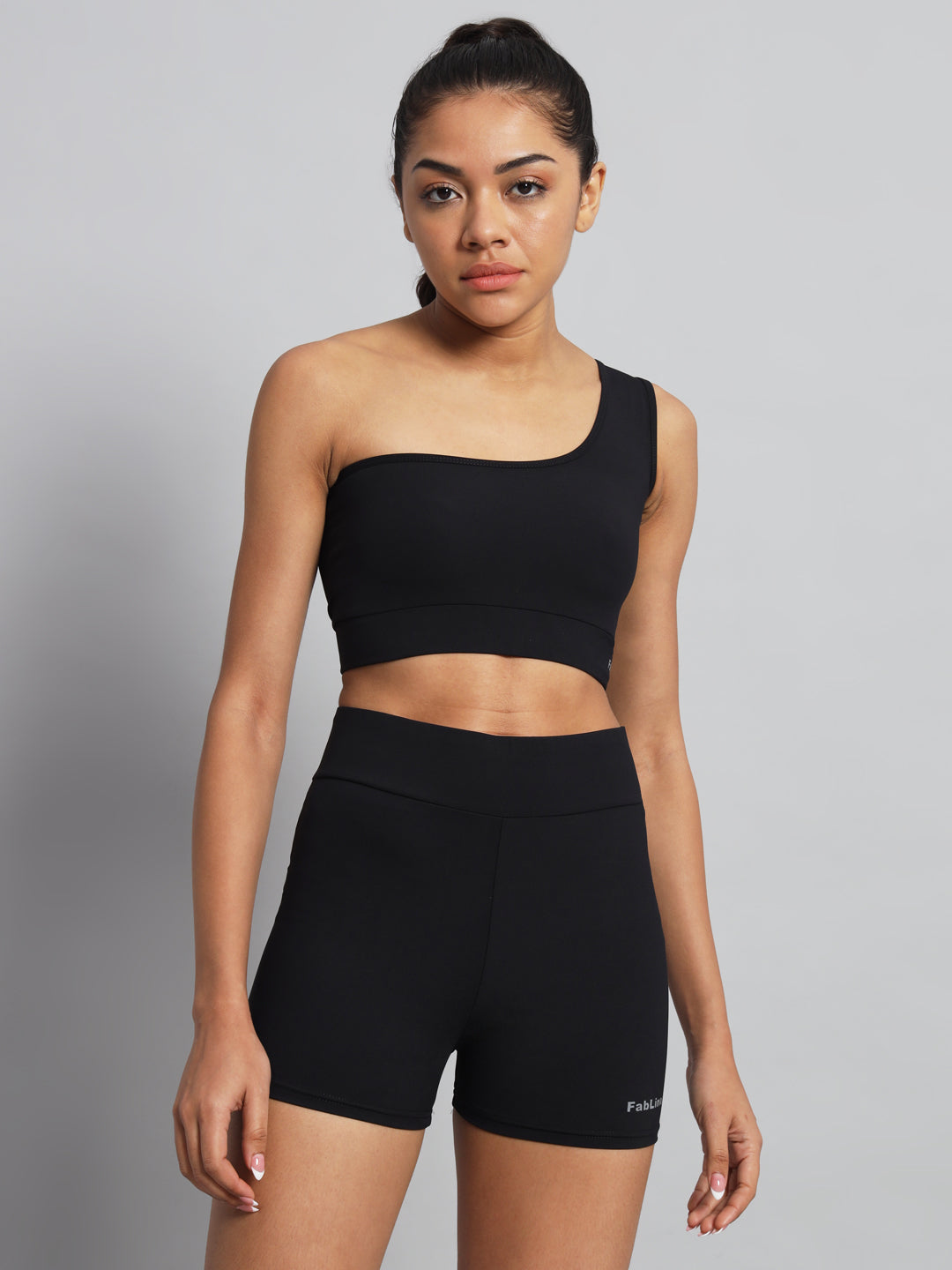 FabLina One-Shoulder Sports Bra & High-Waist Shorts Co-Ord Set Black