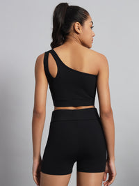 FabLina One-Shoulder Sports Bra & High-Waist Shorts Co-Ord Set Black