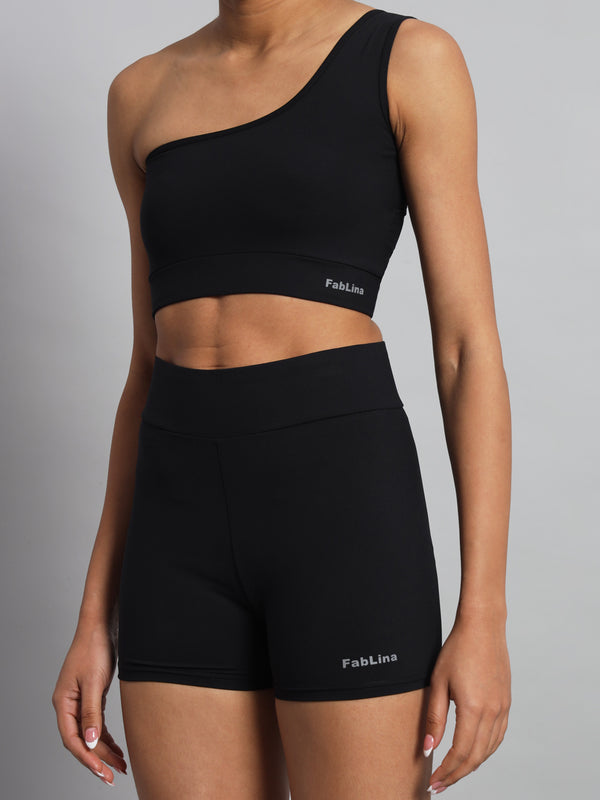 FabLina One-Shoulder Sports Bra & High-Waist Shorts Co-Ord Set Black