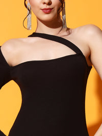 FabLina Elegant One-Shoulder Long Sleeve Bodycon Dress Black