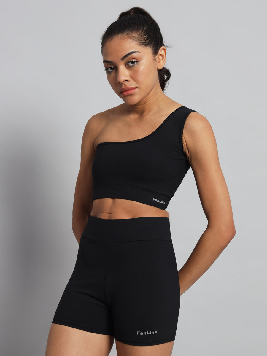 FabLina One-Shoulder Sports Bra & High-Waist Shorts Co-Ord Set Black