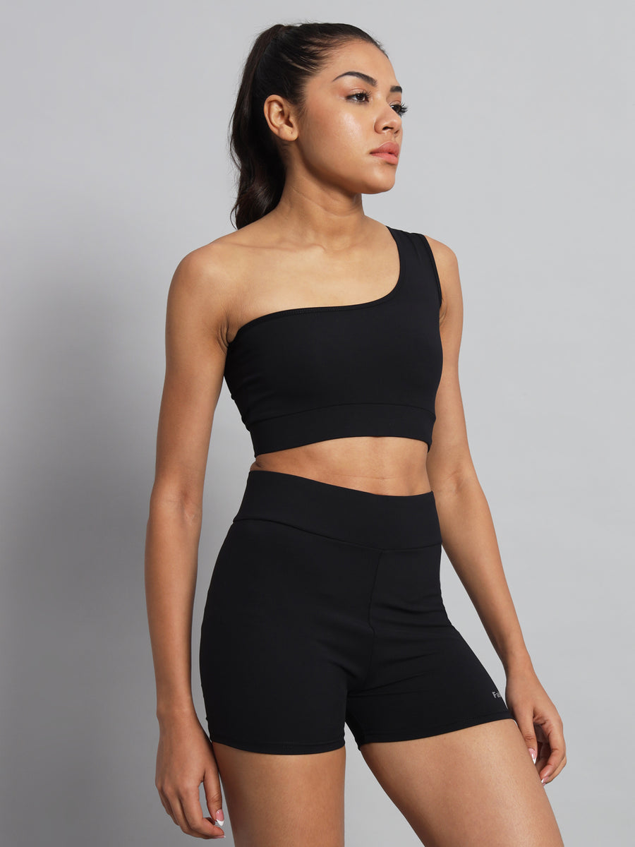 FabLina One-Shoulder Sports Bra & High-Waist Shorts Co-Ord Set Black