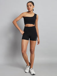 FabLina One-Shoulder Sports Bra & High-Waist Shorts Co-Ord Set Black