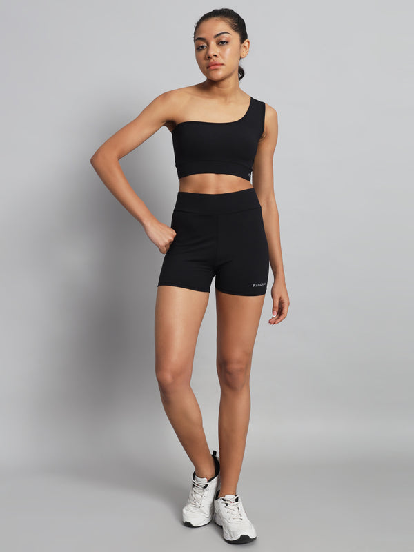 FabLina One-Shoulder Sports Bra & High-Waist Shorts Co-Ord Set Black