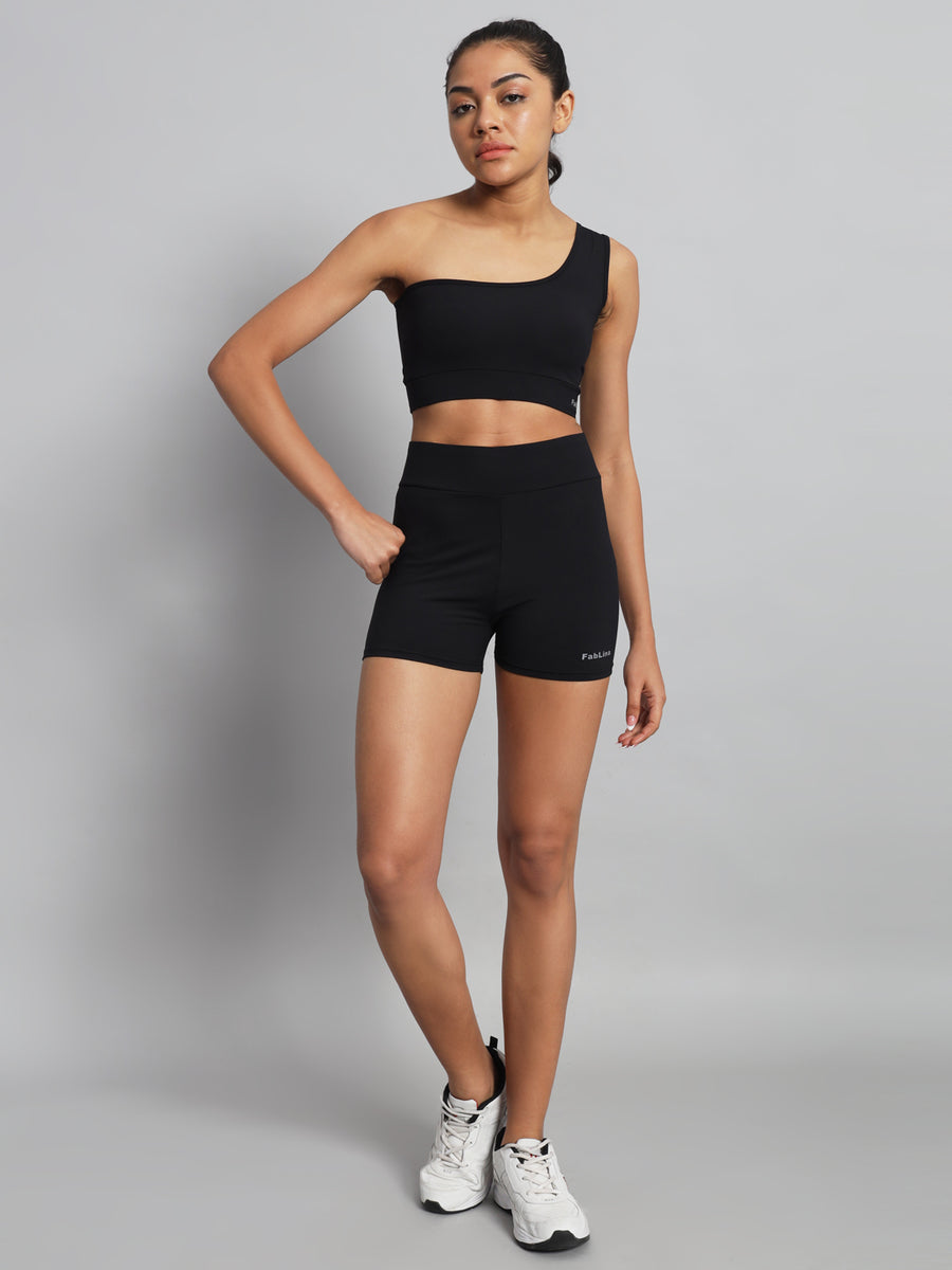 FabLina One-Shoulder Sports Bra & High-Waist Shorts Co-Ord Set Black