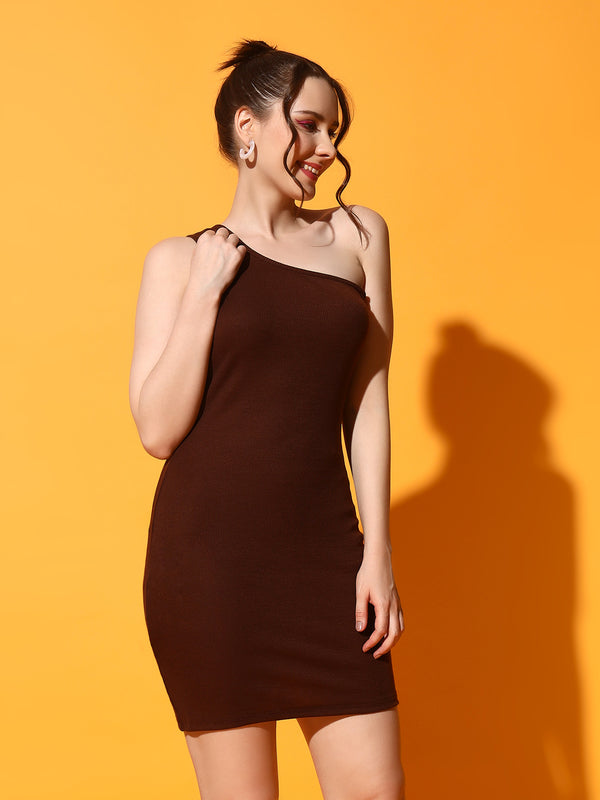 FabLina Elegant One-Shoulder Bodycon Mini Dress Brown