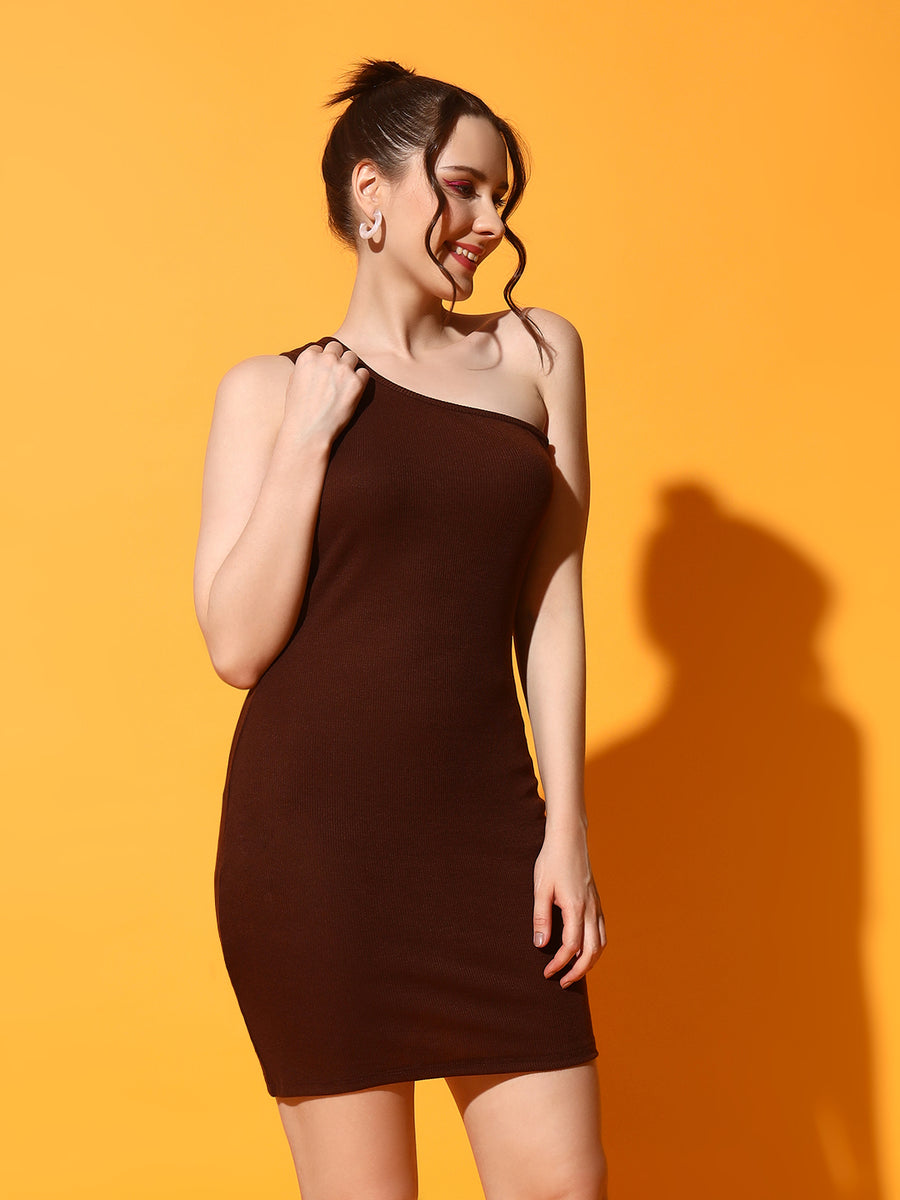 FabLina Elegant One-Shoulder Bodycon Mini Dress Brown