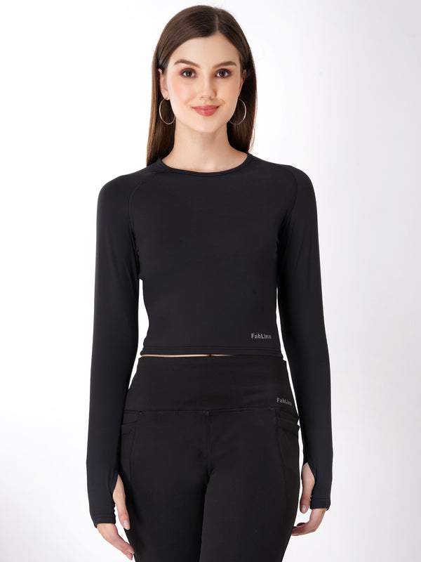 FabLina Women’s Full Sleeve Crop Top – Gym & Athleisure Wear Black