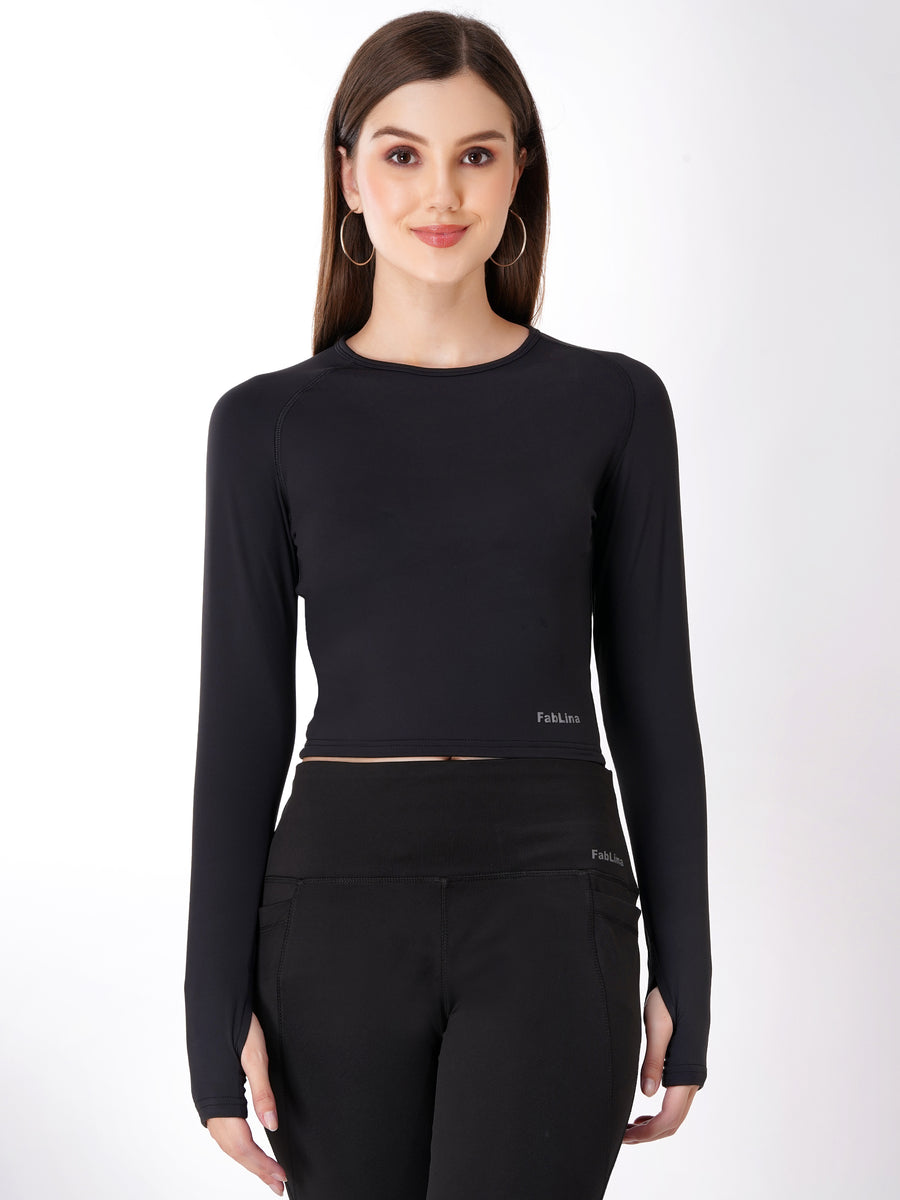 FabLina Women’s Full Sleeve Crop Top – Gym & Athleisure Wear Black
