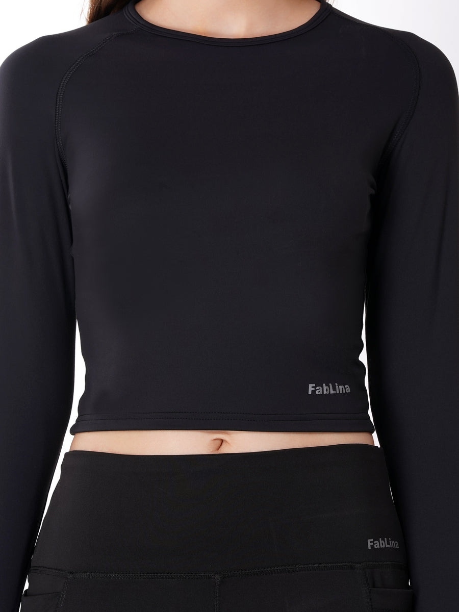 FabLina Women’s Full Sleeve Crop Top – Gym & Athleisure Wear Black