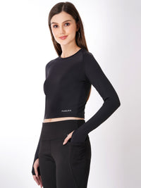 FabLina Women’s Full Sleeve Crop Top – Gym & Athleisure Wear Black