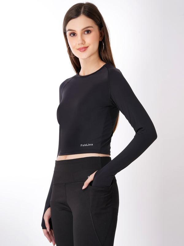 FabLina Women’s Full Sleeve Crop Top – Gym & Athleisure Wear Black