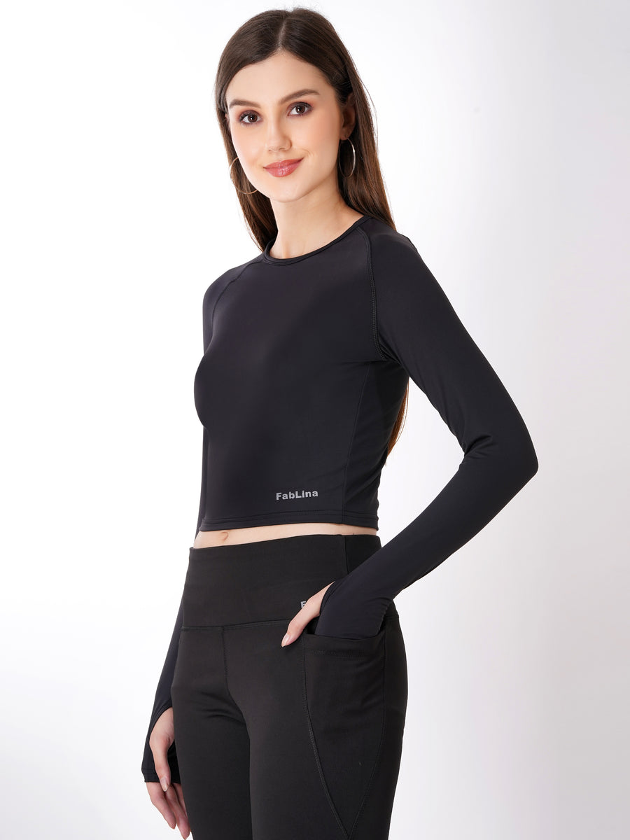 FabLina Women’s Full Sleeve Crop Top – Gym & Athleisure Wear Black