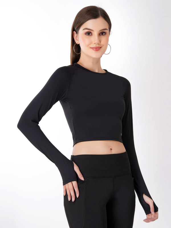 FabLina Women’s Full Sleeve Crop Top – Gym & Athleisure Wear Black