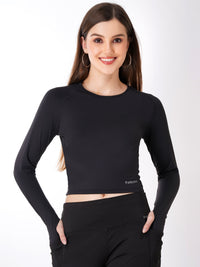 FabLina Women’s Full Sleeve Crop Top – Gym & Athleisure Wear Black
