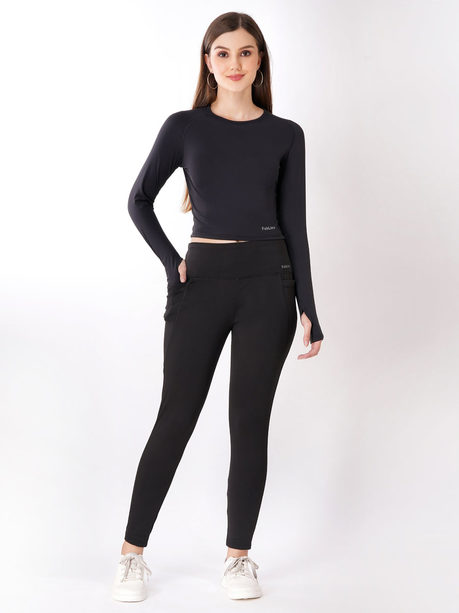 FabLina Women’s Full Sleeve Crop Top – Gym & Athleisure Wear Black