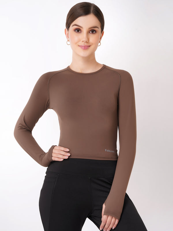 FabLina Women’s Full Sleeve Crop Top – Gym & Athleisure Wear Brown