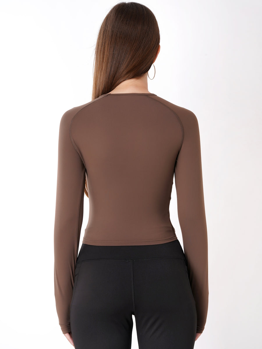 FabLina Women’s Full Sleeve Crop Top – Gym & Athleisure Wear Brown