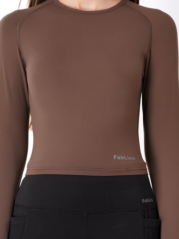 FabLina Women’s Full Sleeve Crop Top – Gym & Athleisure Wear Brown