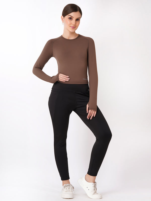 FabLina Women’s Full Sleeve Crop Top – Gym & Athleisure Wear Brown