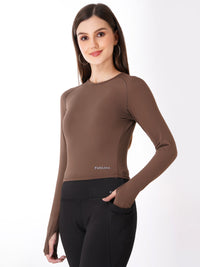 FabLina Women’s Full Sleeve Crop Top – Gym & Athleisure Wear Brown