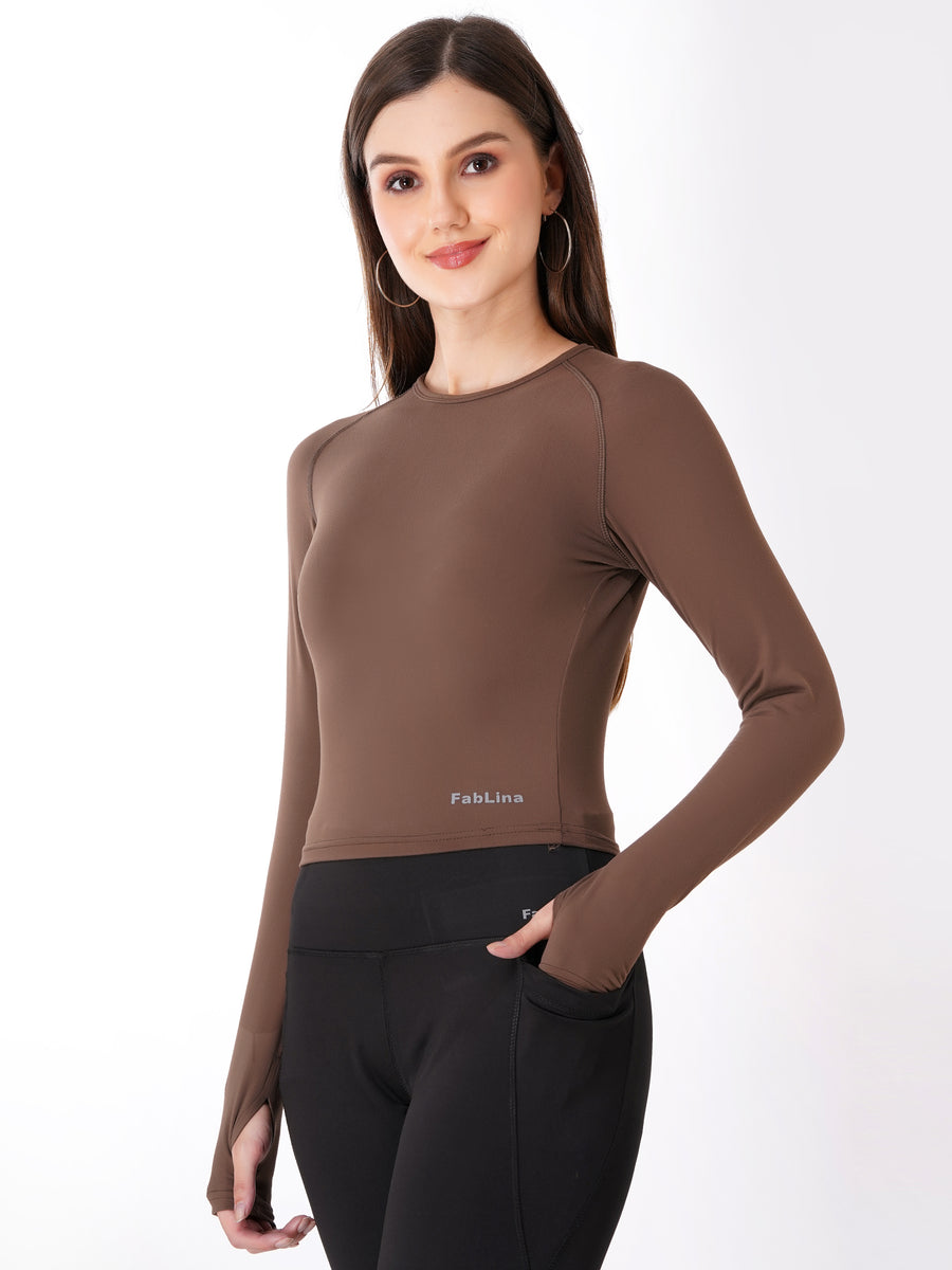 FabLina Women’s Full Sleeve Crop Top – Gym & Athleisure Wear Brown