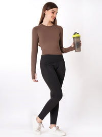 FabLina Women’s Full Sleeve Crop Top – Gym & Athleisure Wear Brown