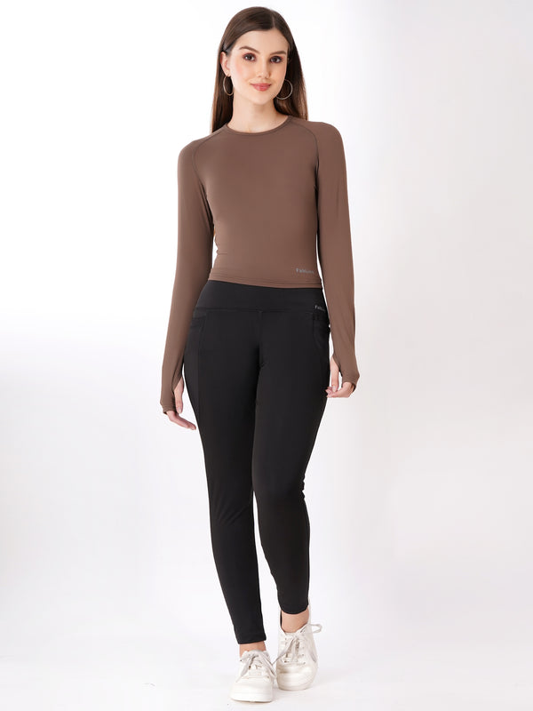 FabLina Women’s Full Sleeve Crop Top – Gym & Athleisure Wear Brown
