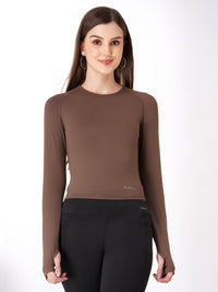 FabLina Women’s Full Sleeve Crop Top – Gym & Athleisure Wear Brown