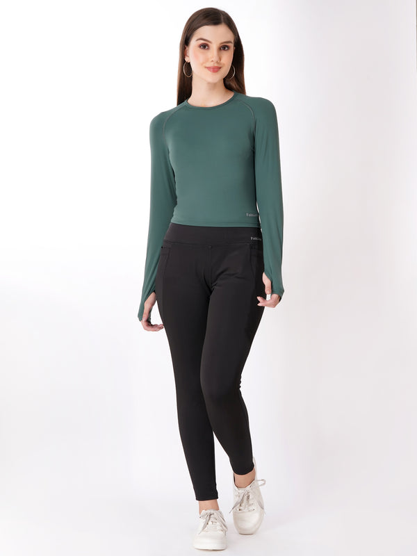 FabLina Women’s Full Sleeve Crop Top – Gym & Athleisure Wear Green