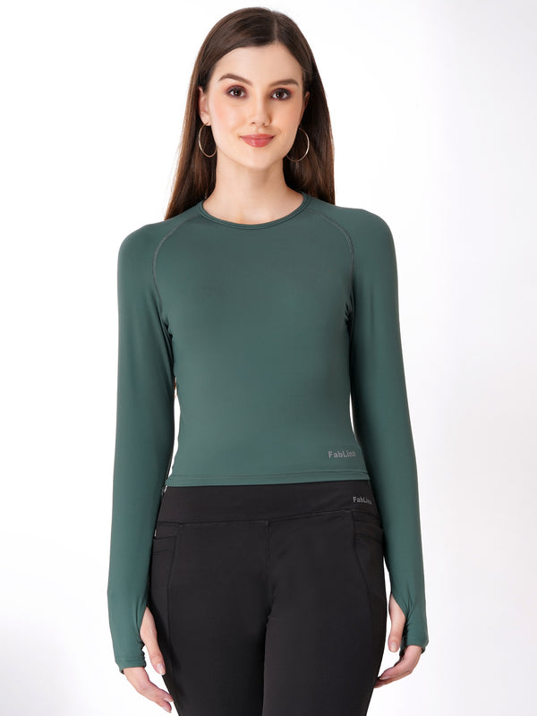 FabLina Women’s Full Sleeve Crop Top – Gym & Athleisure Wear Green
