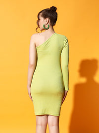FabLina Elegant One-Shoulder Long Sleeve Bodycon Dress Green