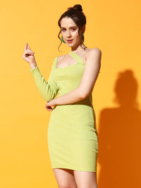FabLina Elegant One-Shoulder Long Sleeve Bodycon Dress Green