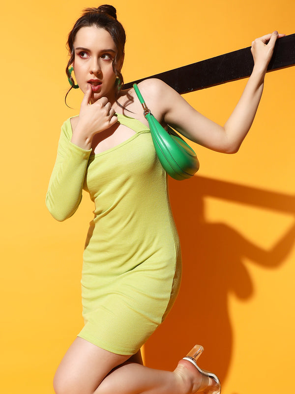 FabLina Elegant One-Shoulder Long Sleeve Bodycon Dress Green