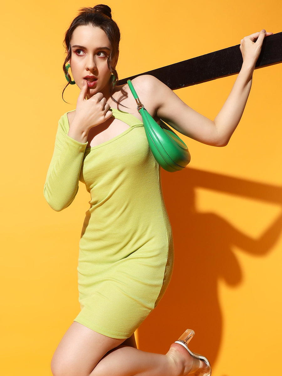 FabLina Elegant One-Shoulder Long Sleeve Bodycon Dress Green