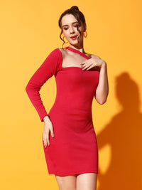 FabLina Elegant One-Shoulder Long Sleeve Bodycon Dress Red