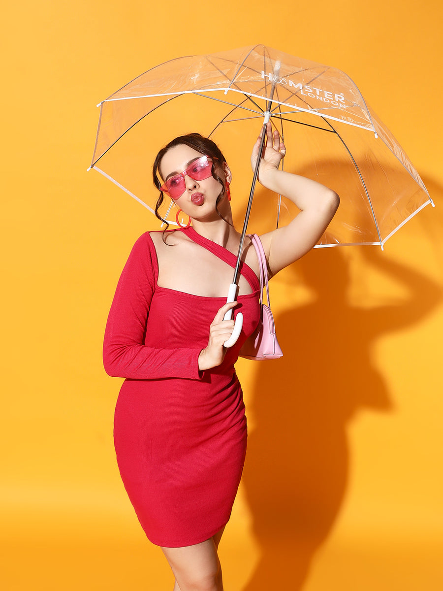 FabLina Elegant One-Shoulder Long Sleeve Bodycon Dress Red