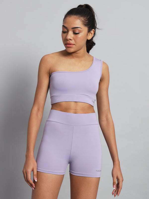 FabLina One-Shoulder Sports Bra & High-Waist Shorts Co-Ord Set Levander