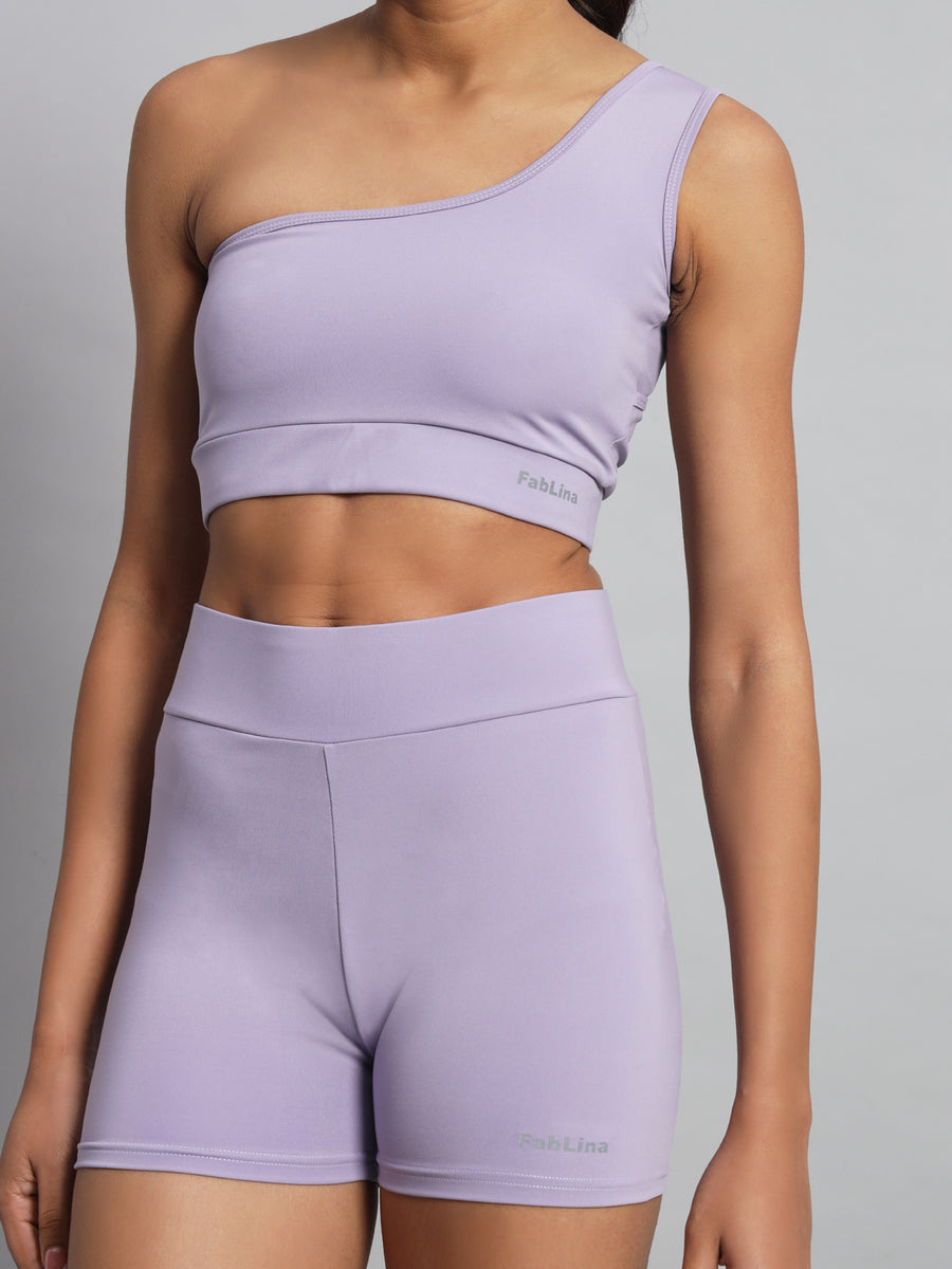 FabLina One-Shoulder Sports Bra & High-Waist Shorts Co-Ord Set Levander