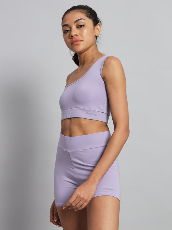 FabLina One-Shoulder Sports Bra & High-Waist Shorts Co-Ord Set Levander