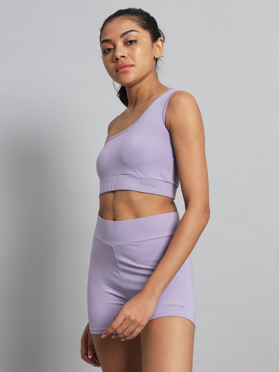 FabLina One-Shoulder Sports Bra & High-Waist Shorts Co-Ord Set Levander