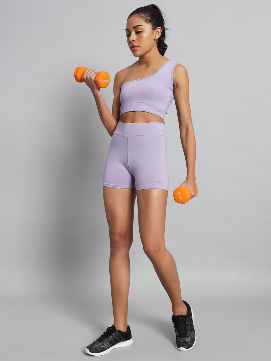 FabLina One-Shoulder Sports Bra & High-Waist Shorts Co-Ord Set Levander