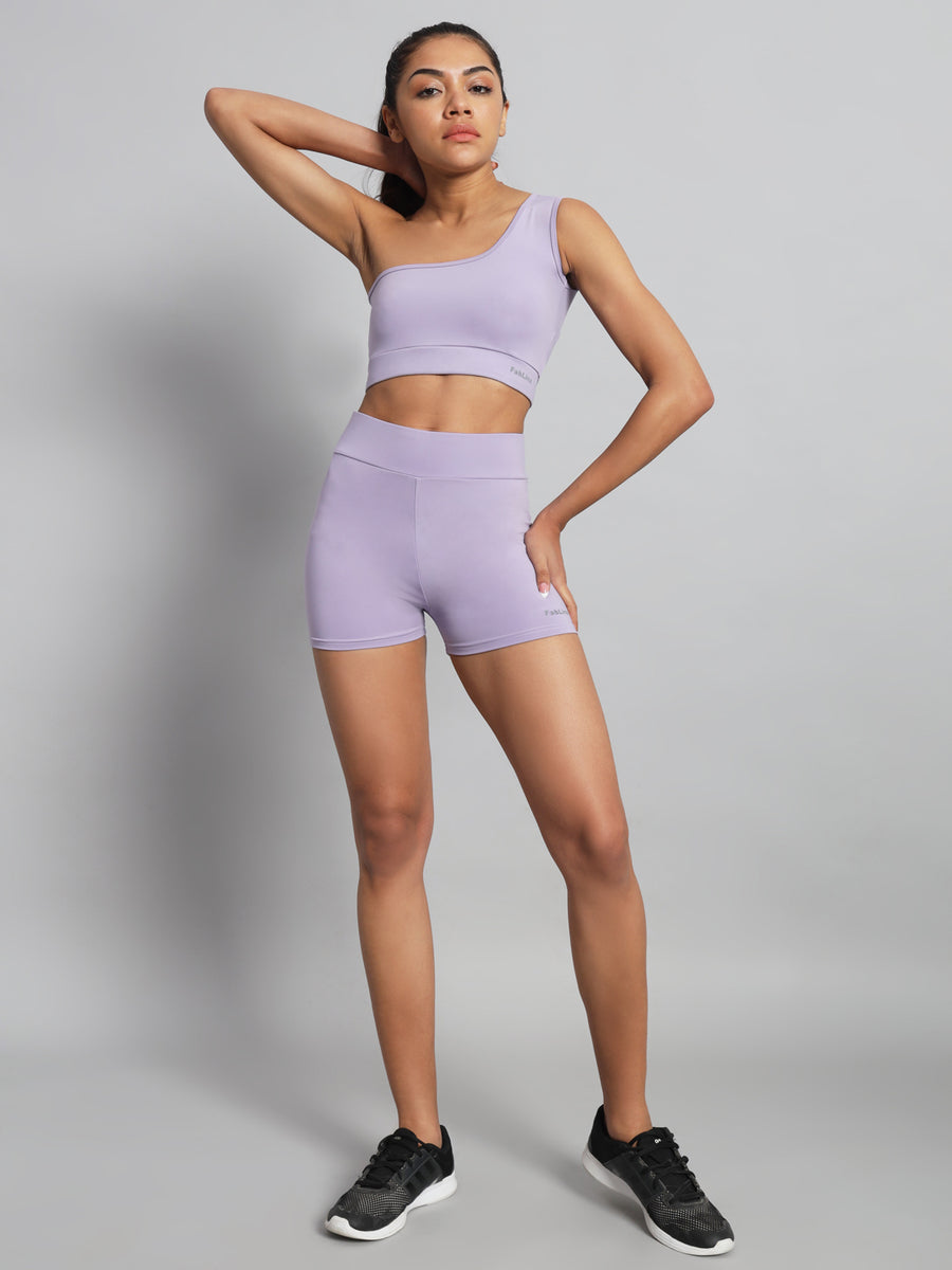 FabLina One-Shoulder Sports Bra & High-Waist Shorts Co-Ord Set Levander