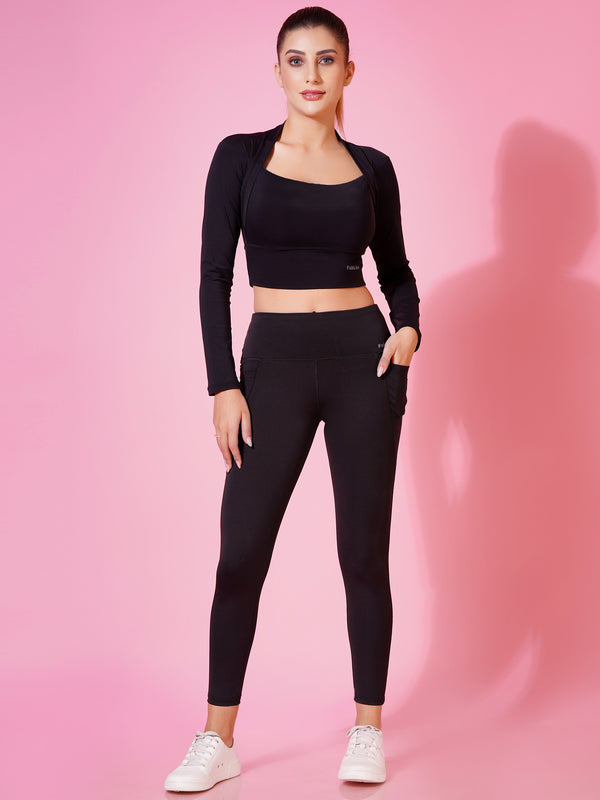 FabLina Women’s Padded Thumb-Hole Crop Top – High Support Gym Wear Black