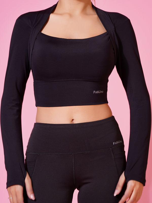 FabLina Women’s Padded Thumb-Hole Crop Top – High Support Gym Wear Black