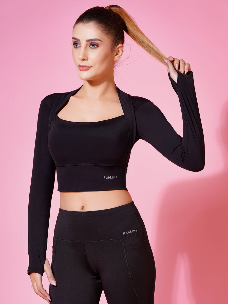 FabLina Women’s Padded Thumb-Hole Crop Top – High Support Gym Wear Black