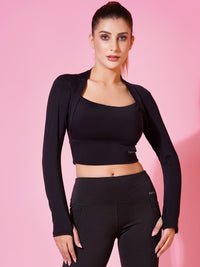 FabLina Women’s Padded Thumb-Hole Crop Top – High Support Gym Wear Black