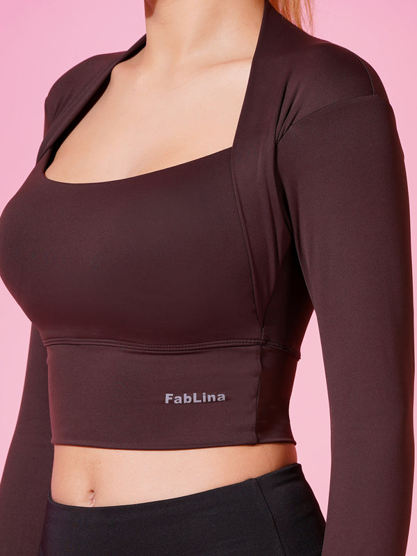 FabLina Women’s Padded Thumb-Hole Crop Top – High Support Gym Wear Brown