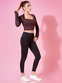 FabLina Women’s Padded Thumb-Hole Crop Top – High Support Gym Wear Brown