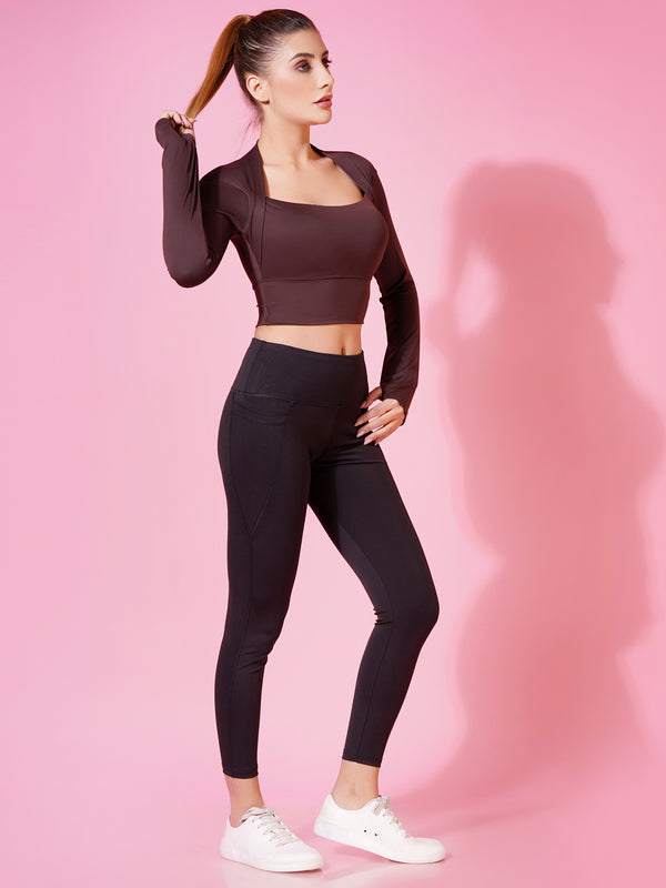 FabLina Women’s Padded Thumb-Hole Crop Top – High Support Gym Wear Brown